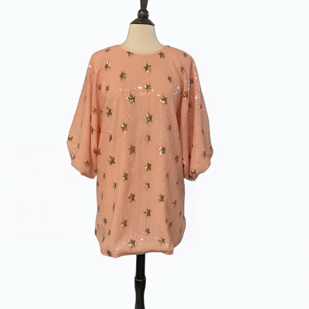 Mable Sequin Peach Star-Patterned Women's Mini Dress with Pockets~ Stunning ✨🌟💫